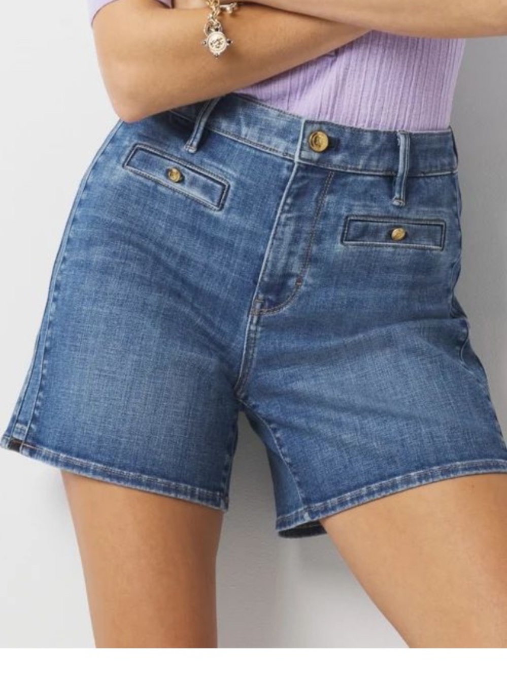 White House Black Market Medium Blue Denim High-Rise Shorts with Gold Buttons